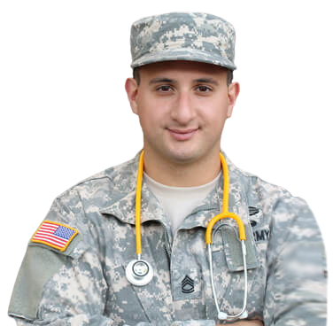 A soldier in fatigues with stethoscope around neck.