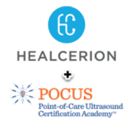 A logo for point of care ultrasound certification academy and the healcerion logo.